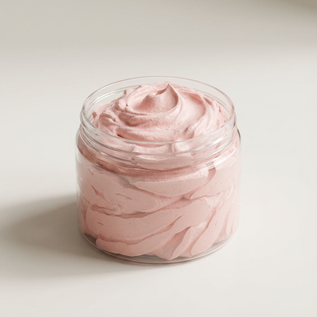 Jar of pink whipped cream on a light background